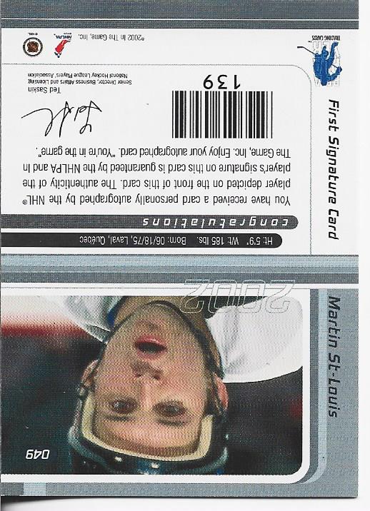 Martin St Louis 2002 In The Game Autographed Card #49