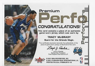 Tracy McGrady 2001-2002 Fleer/Skybox International Premium Performers Authentic Game Worn Jersey Card