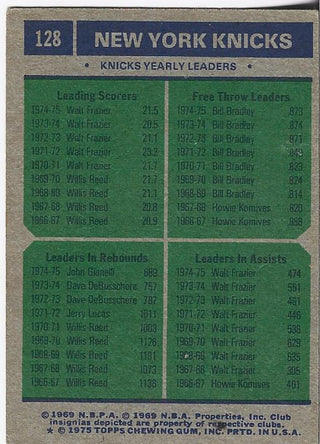 Walt Frazier. Bill Bradley, and John Gianelli 1975 Topps Team Leaders Card #128