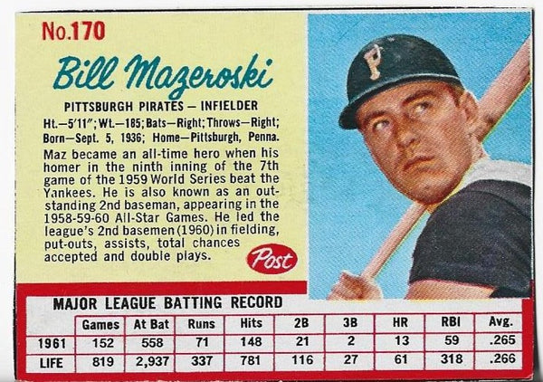 Bill Mazeroski 1962 Post Cereal #170 Card