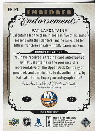 Pat Lafontaine 2018 Upper Deck Clear Cut Autographed Card 23/25 #EE-PL