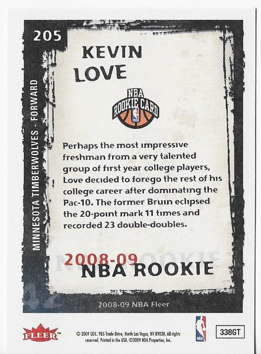 Kevin Love 2009 Fleer #205 Unsigned Rookie Card