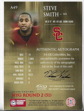 Steve Smith 2007 SAGE Autograph Card #A49