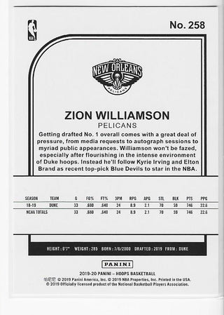 Zion Williamson 2019 NBA Hoops Rookie Card