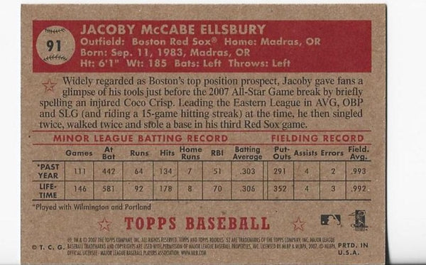 Jacoby Ellsbury 2007 Topps 52 #91 Rookie Card