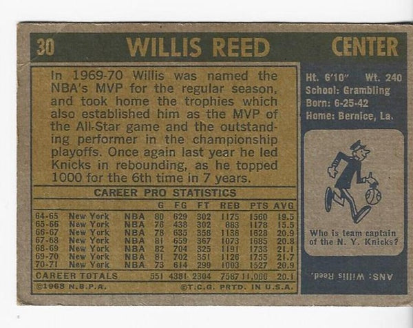 Willis Reed 1971-1972 Topps #30 New York Knicks Card