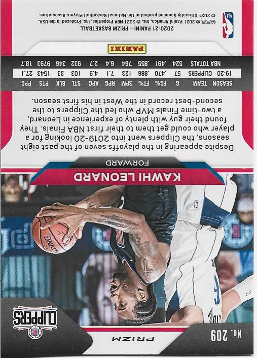 Kawhi Leonard 2020 Panini Prizm Silver Card #209