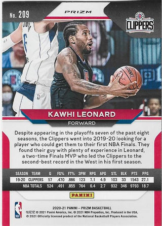 Kawhi Leonard 2020 Panini Prizm Silver Card #209