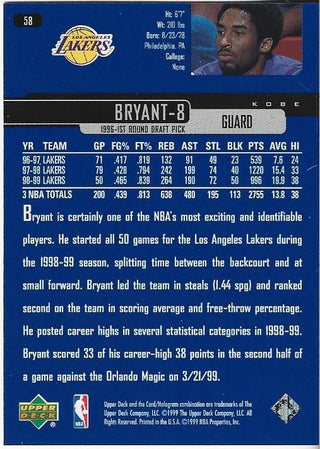 Kobe Bryant 1999 Upper Deck Card #58