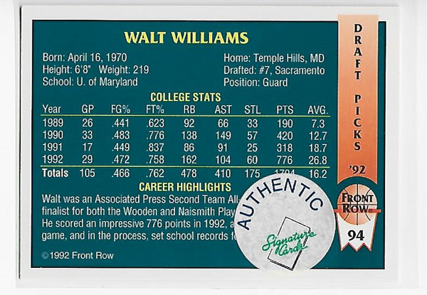 Walt Williams 1992 Front Row #94 Autograph Draft Picks Card