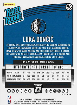 Luka Doncic 2019 Optic Donruss Rated Rookie Purple Holo Prizm #177 Card