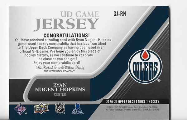 Ryan Nugent-Hopkins 2020-2021 Upper Deck #GJ-RN UD Game Jersey Card