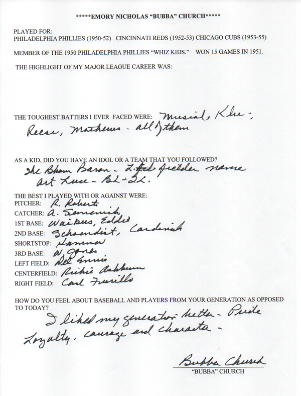 Bubba Church Autographed Hand Filled Out Survey Page (JSA)