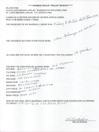 Willis Hudlin Autographed Hand Filled Out Survey Page (JSA)