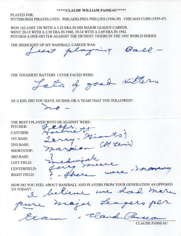 Claude Passeau Autographed Hand Filled Out Survey Page (JSA)