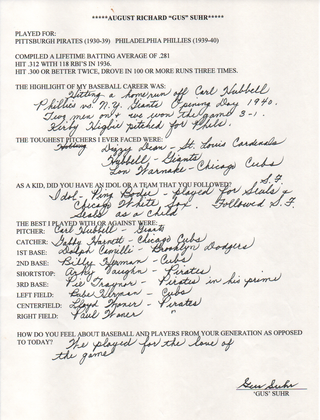 Gus Suhr Autographed Hand Filled Out Survey Page (JSA)