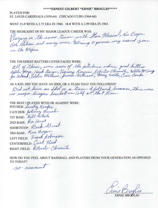 Ernie Broglio Autographed Hand Filled Out Survey Page (JSA)