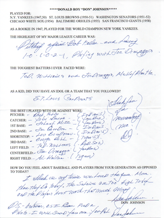 Don Johnson Autographed Hand Filled Out Survey Page (JSA)