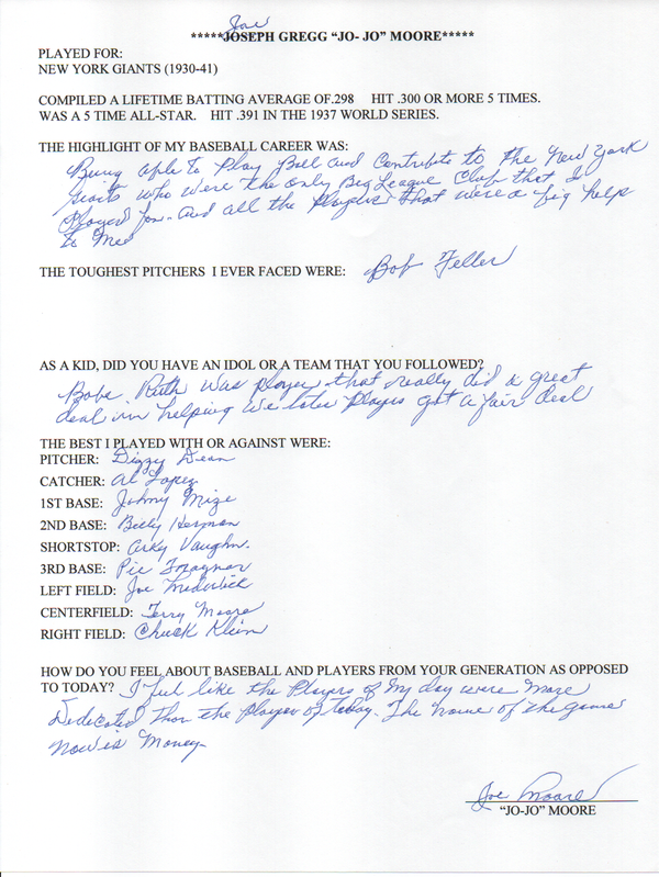 Jo-Jo Moore Autographed Hand Filled Out Survey Page (JSA)