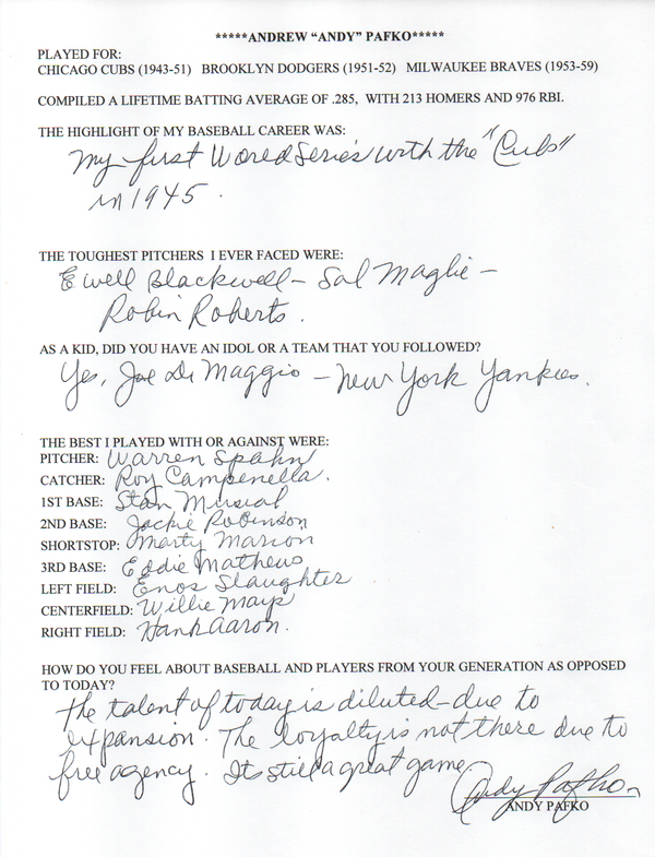 Andy Pafko Autographed Hand Filled Out Survey Page (JSA)