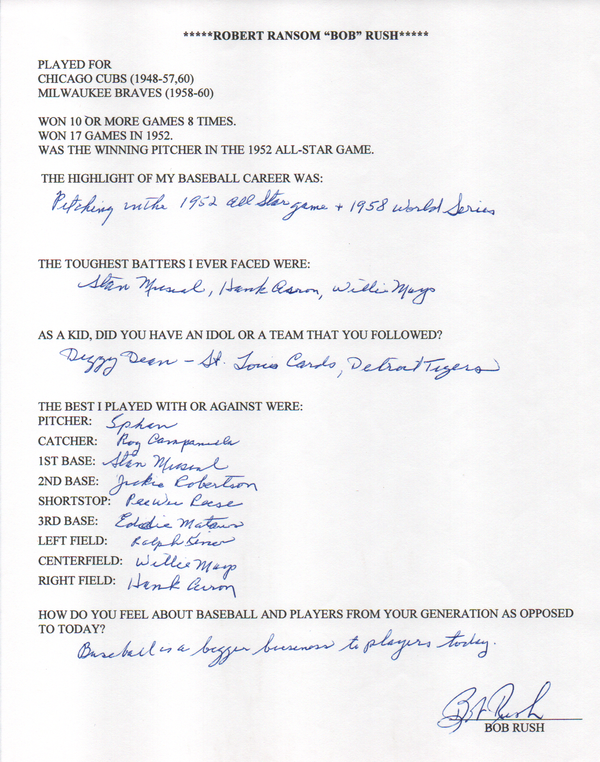 Bob Rush Autographed Hand Filled Out Survey Page (JSA)