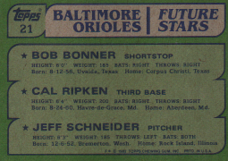 Cal Ripken Jr, Bob Bonner & Jeff Schneider 1982 Topps Rookie Card