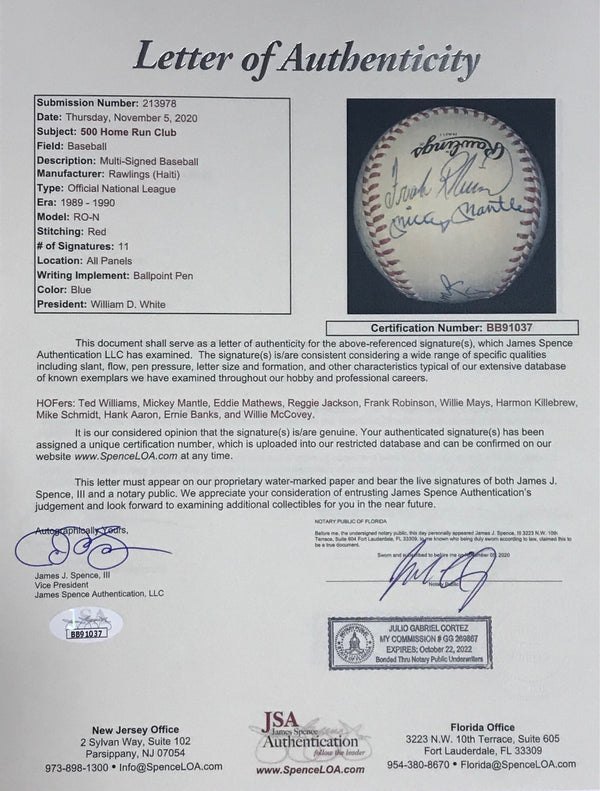 500 Homerun Club Autographed Baseball 11 Signatures (JSA)