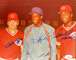 Pete Rose Doc Gooden & Dave Parker Autographed 8x10 Photo (JSA)