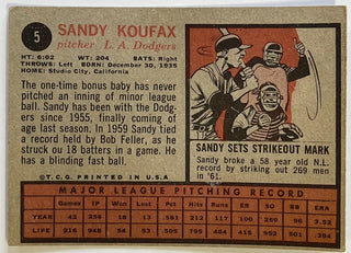 1962 Topps Sandy Koufax Los Angeles Dodgers Baseball Card #5