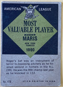 1961 Topps Roger Maris AL MVP Baseball Card #478