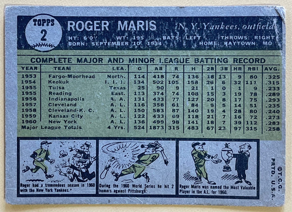 1961 Topps Roger Maris New York Yankees Baseball Card #2