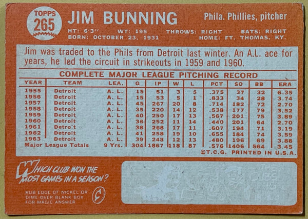 1964 Topps Jim Bunning Philadelphia Phillies Baseball Card #265