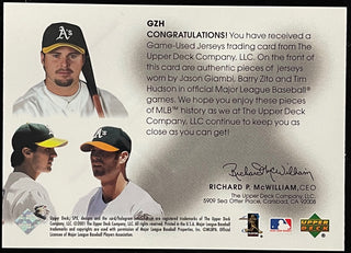 Jason Giambi Barry Zito Tim Hudson 2001 Upper Deck SPX Jersey Card