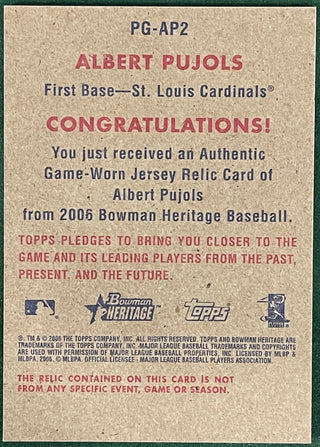 Albert Pujols 2006 Bowman Heritage Game Worn Jersey Card