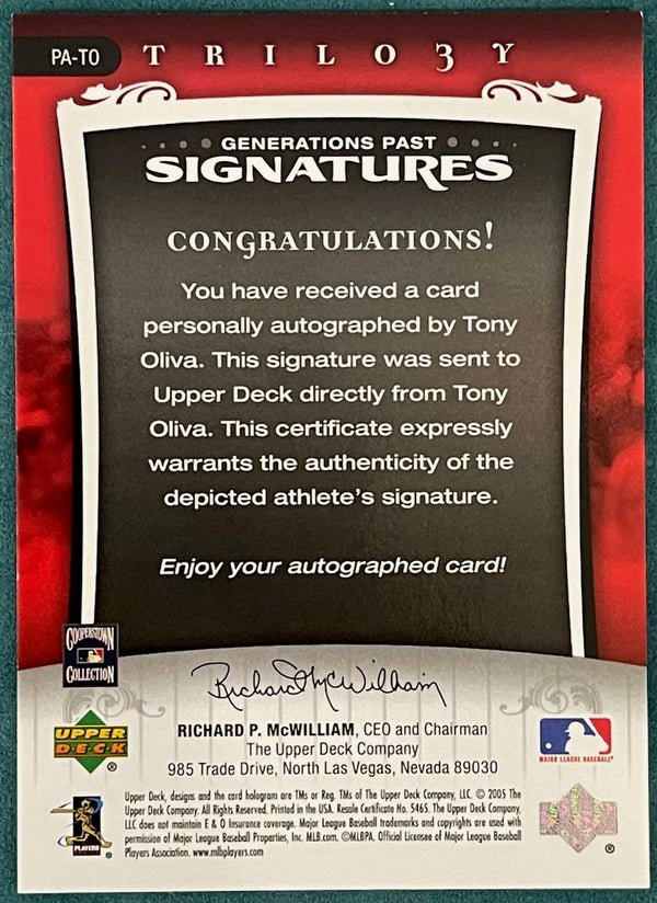 Tony Oliva Autographed 2005 Upper Deck Trilogy Card 33/99