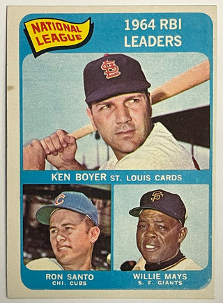 Willie Mays 1965 Topps Baseball Card #6 1964 RBI Leaders Ken Boyer Ron Santo