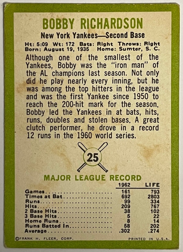 1963 Fleer Bobby Richardson New York Yankees Baseball Card #25