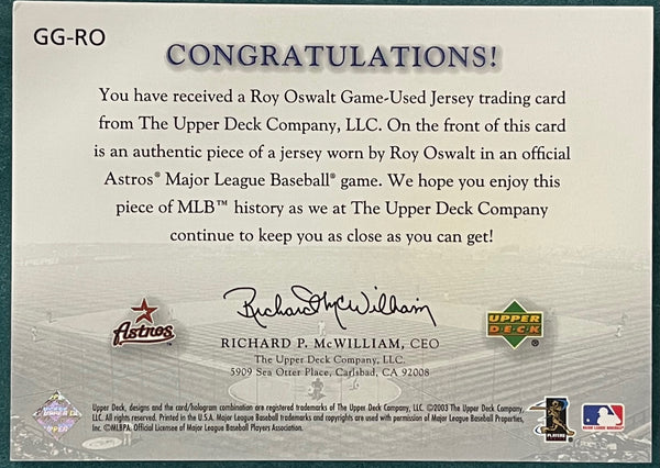 Roy Oswalt 2003 Upper Deck Game Face Gear Game Used Jersey Card