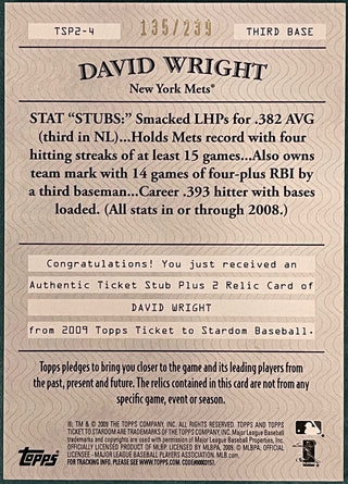 David Wright 2009 Topps Authentic Ticket Stub Jersey Card #135/239