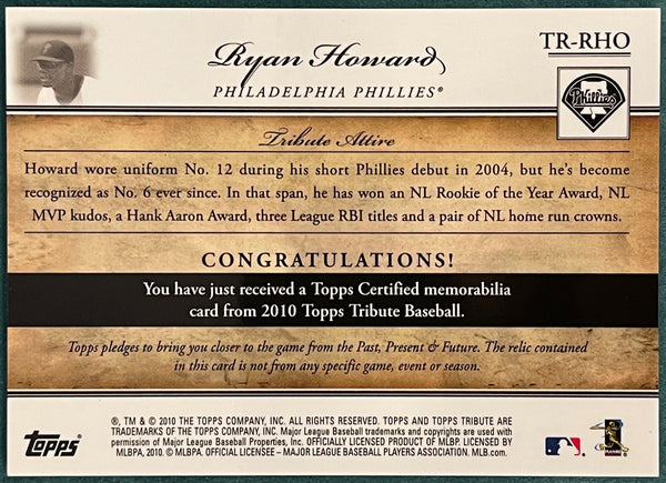 Ryan Howard 2010 Topps Tribute Game Used Bat Card 62/75