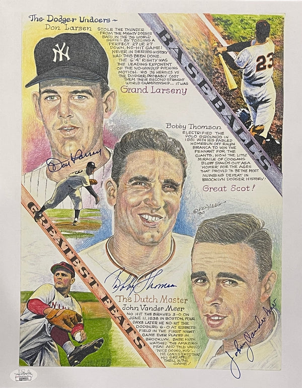 Don Larsen Bobby Thomson & Johnny Vander Meer Autographed 11x14 Litho (JSA)