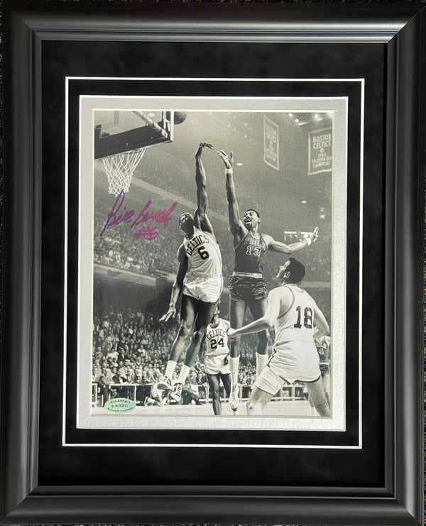 Bill Russell Autographed 8x10 Framed Photo Blocking Wilt Chamberlain