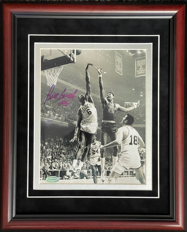 Bill Russell Autographed 8x10 Framed Photo Blocking Wilt Chamberlain