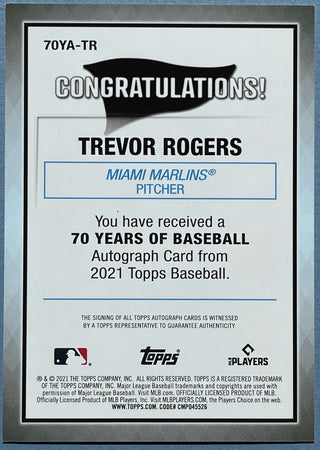 Trevor Rogers Autographed 2021 Topps Rookie Baseball Card