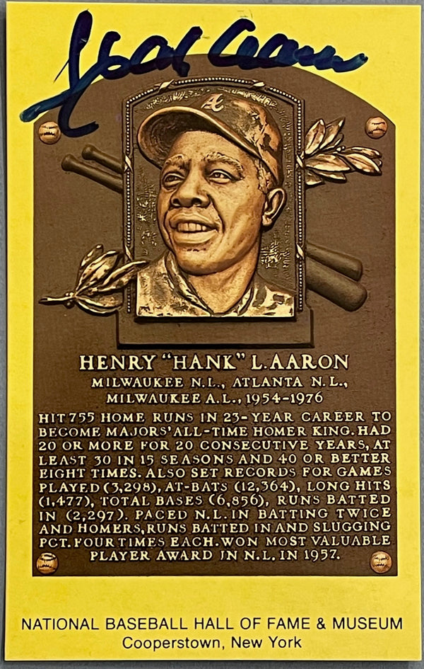 Hank Aaron Autographed Baseball Hall of Fame Plaque Postcard