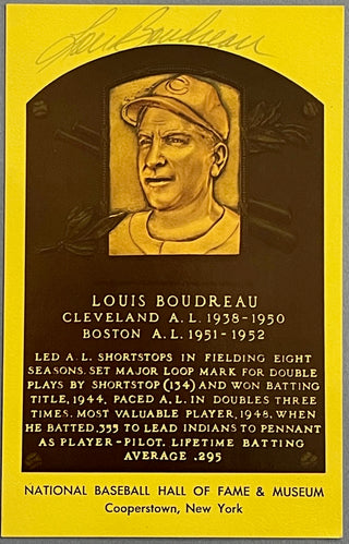 Lou Boudreau Autographed Baseball Hall of Fame Plaque Postcard