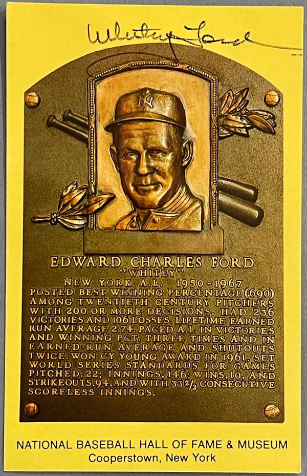 Whitey Ford Autographed Baseball Hall of Fame Plaque Postcard