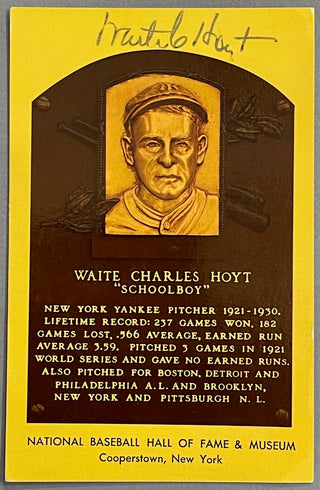 Waite Hoyt Autographed Baseball Hall of Fame Plaque Postcard