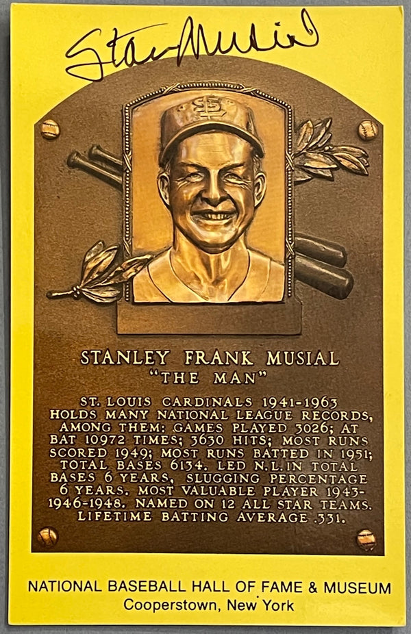 Stan Musial Autographed Baseball Hall of Fame Plaque Postcard (JSA)