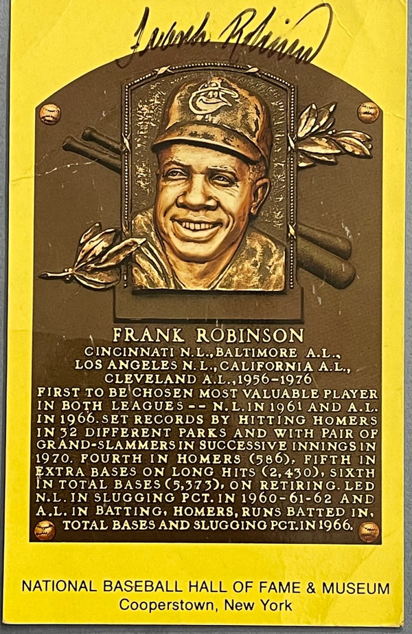 Frank Robinson Autographed Hall of Fame Plaque Postcard (JSA)